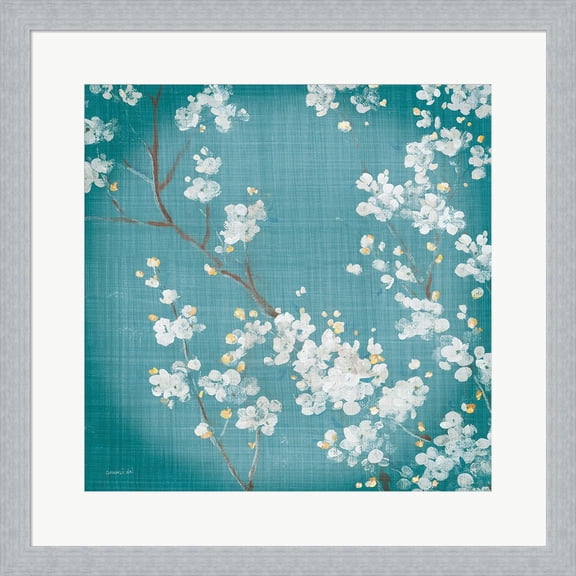 White Cherry Blossoms II on Teal Aged no Bird by Danhui Nai, Framed Wall Art, 19.5W x 19.5H