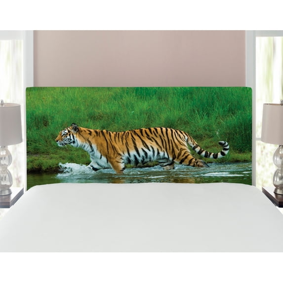 Safari Headboard, Siberian Tiger Panthera Tigris Altaica in the Water Greenery Lake River Wildlife, Upholstered Decorative Metal Bed Headboard with Memory Foam, Full Size, Apricot Green, by Ambesonne