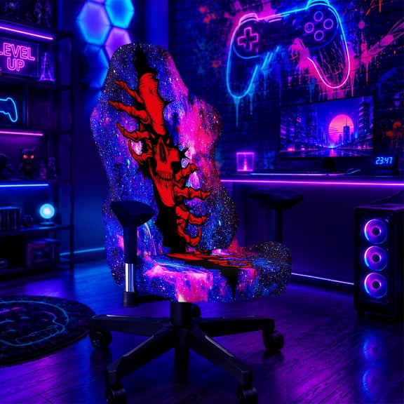 Simpkeely Blacklight Galaxy Skull Gaming Chair Cover, Computer Chair Slipcover
