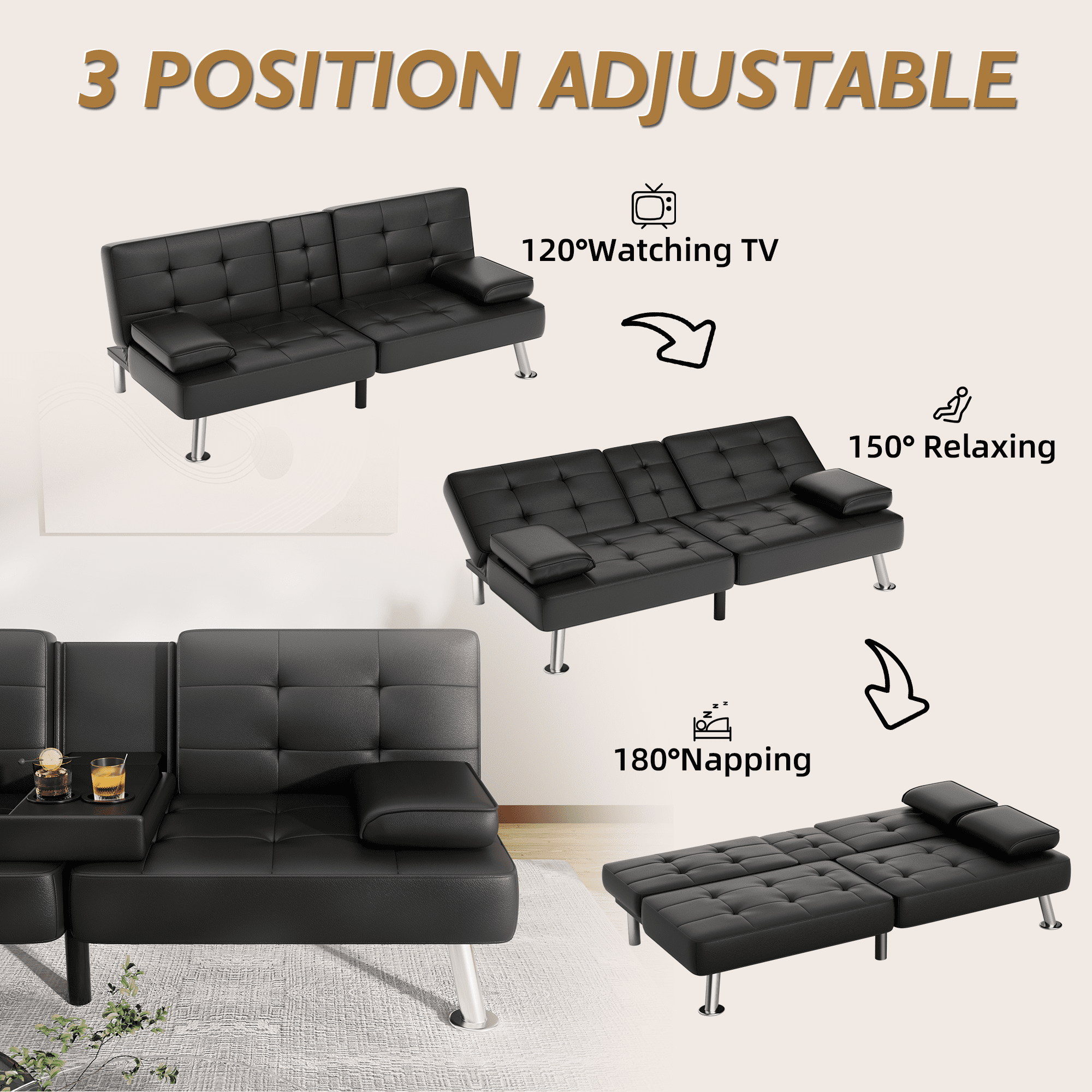 Vineego Modern Faux Leather Couch Convertible Folding Futon Sofa Bed with 2 Cup Holders,Black
