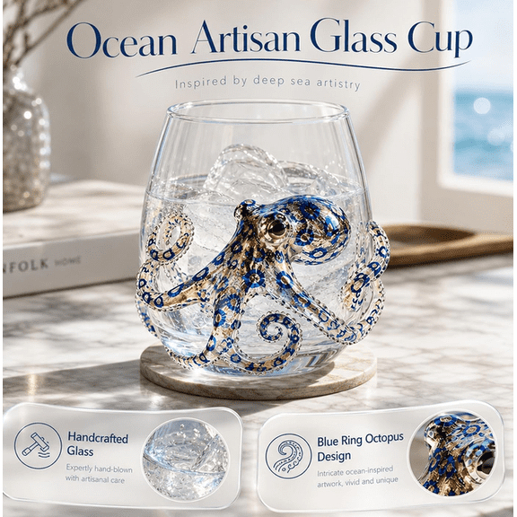 2026 Artisanal Blue Ringed Octopus Glassware, Novelty Drinking Glass, 12 Oz Borosilicate Tumbler, Coastal Home Bar Accessories, Unique Ocean Lover Gift 1PCS