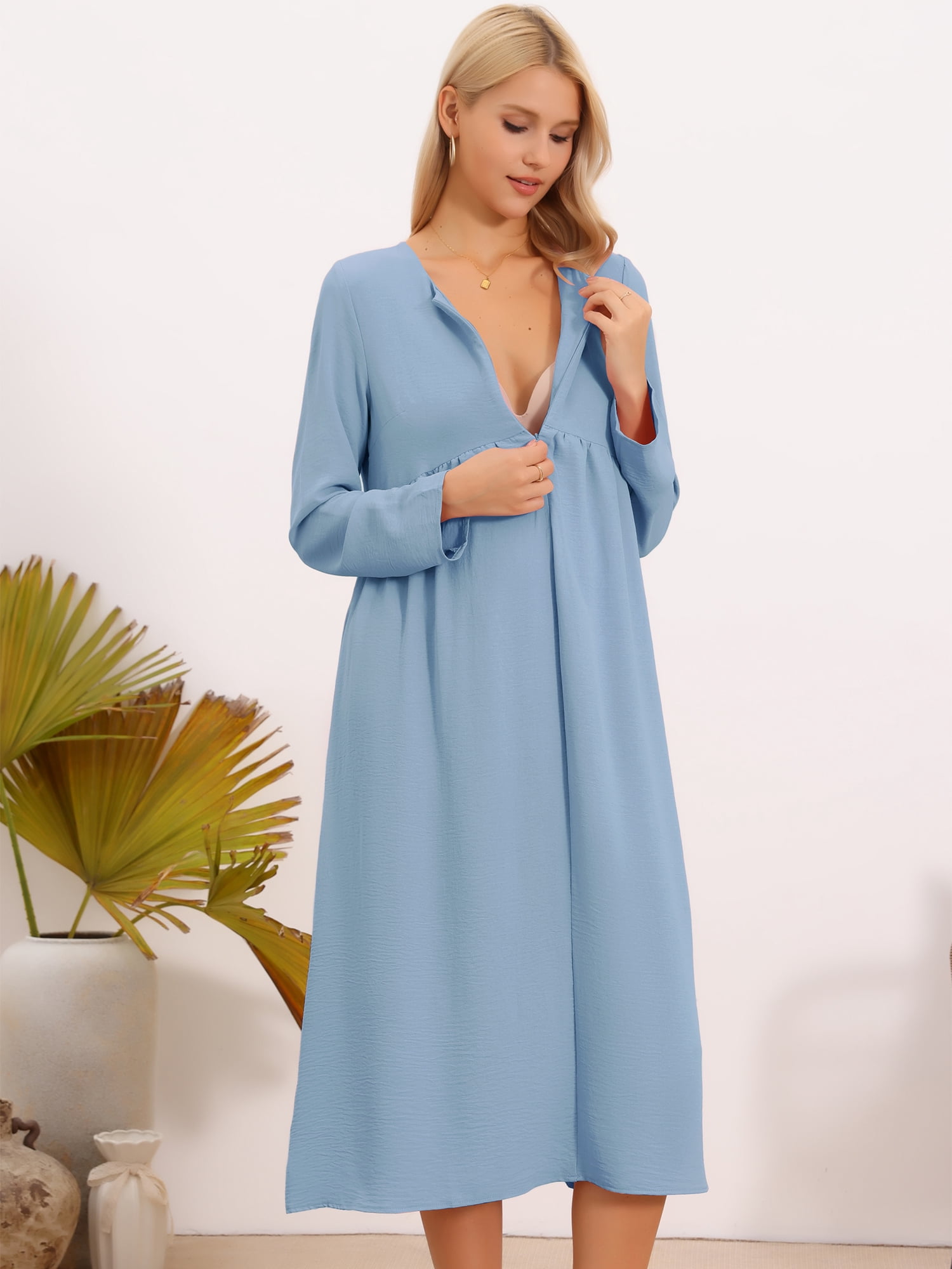 DARING DIVA Women's Maternity Nursing Dress Long Sleeve Midi Round Neck Pleated M Blue