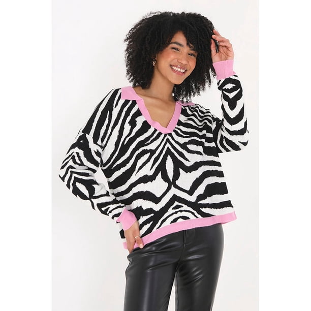 Brave Soul - Jersey con Cuello Diseño Cebra para Mujer (Blanco/Rosa)