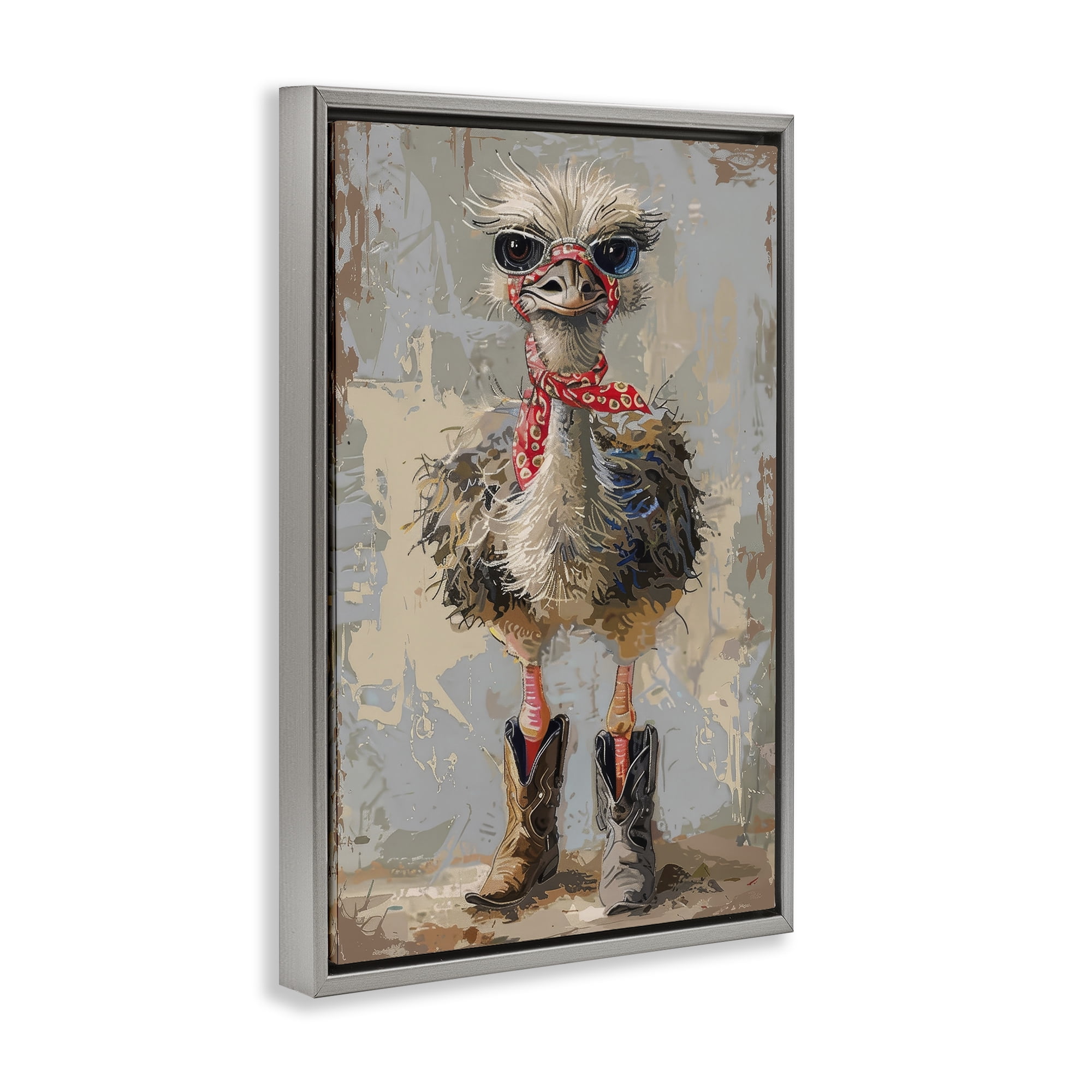 Stupell Industries Ostrich & Cowboy Boots Novelty Painting Gray Floater Framed Canvas Art Print Wall Art, 17 x 25