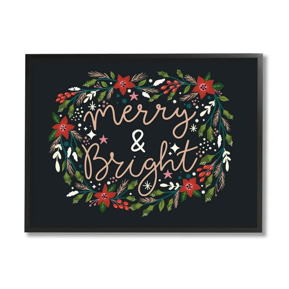 Merry & Bright Poinsettia Wreath Holiday Graphic Art Black Framed Art Print Wall Art