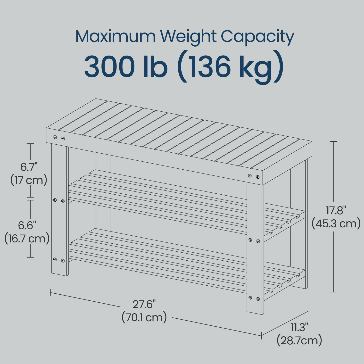 LEDREM 3-Tier Bamboo Shoe Rack Bench, Entryway Storage Organizer with 286 lb Capacity, 27.6 Inch, Grey