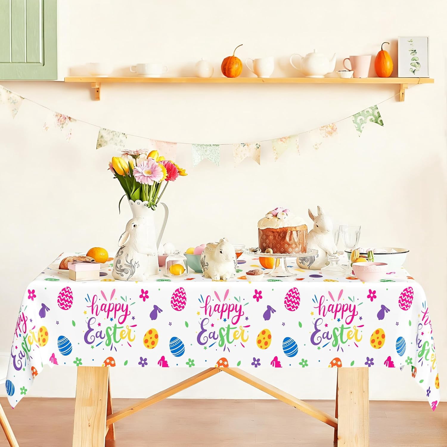 4 Pack Disposable Easter Tablecloth, 54 x 108 Inch Rectangular Easter Table Cloth, Spring Table Cloth with Colorful Eggs Floral Design, Happy Easter Tablecloths for Easter Decorations Holiday Decor