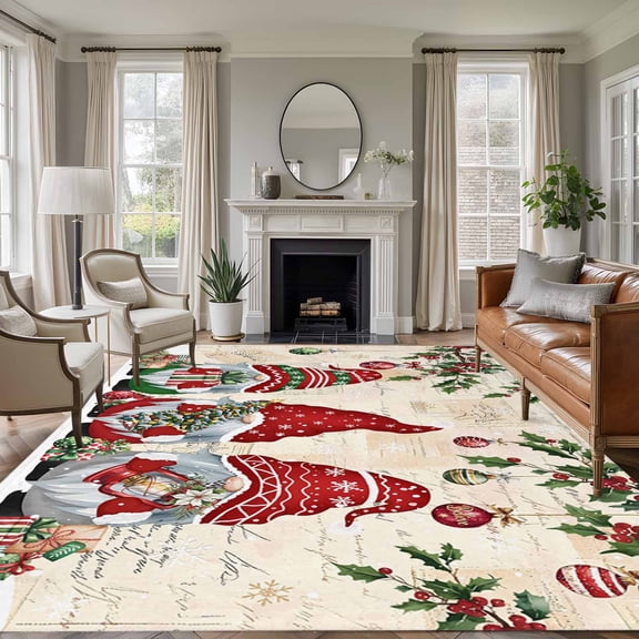 5x7 Area Rugs for Living Room, Red Beige Gnomes Christmas Non Slip Area Rugs for Kitchen Bedroom Entryway, Xmas Ball Gifts Snowflake Washable Carpet Runner Rug Floor Mats for Bedroom Home Decor