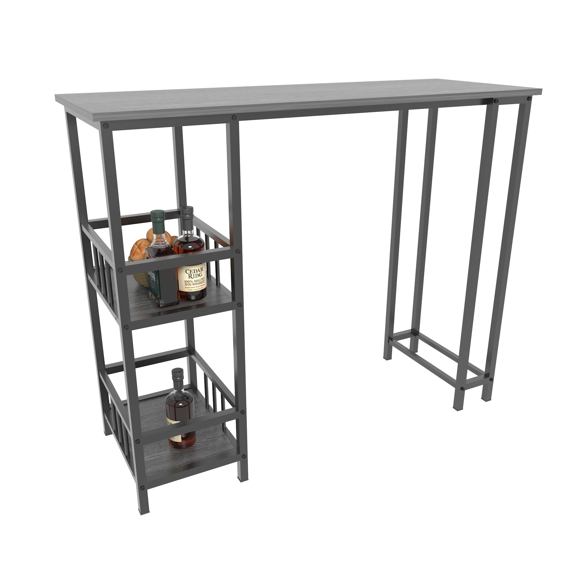 GARITIN 3 Piece Counter Height Bar Table Set with 2 Bar Stools, Rectangular Pub Table with 3 Tier Side Storage Shelves for Kitchen, Walnut Brown