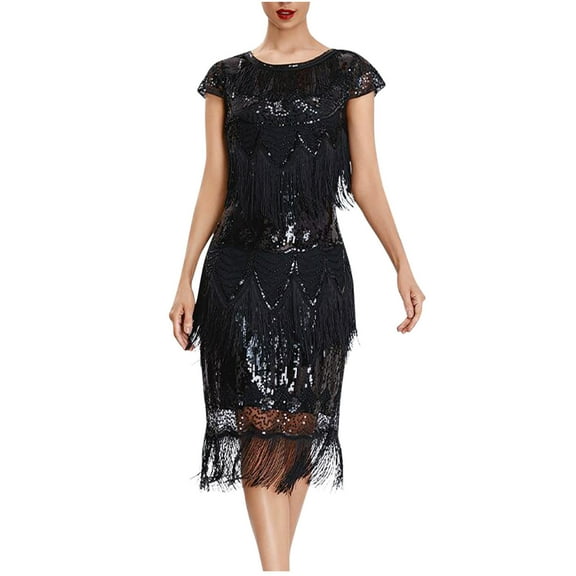 XFLWAM 1920s Gatsby Dresses for Women Cap Sleeve Fringe Flapper Dress Roaring 20s Sequins Beaded Dress Vintage Art Deco Dress