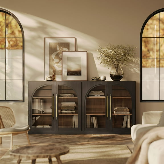 BELLEZE 65" Arched Sideboard with Glass Door, Accent Buffet Cabinet with Storage and Adjustable Shelves, Classic Modern Large Console Table For Dining Room Living Room Entryway (Ebony)