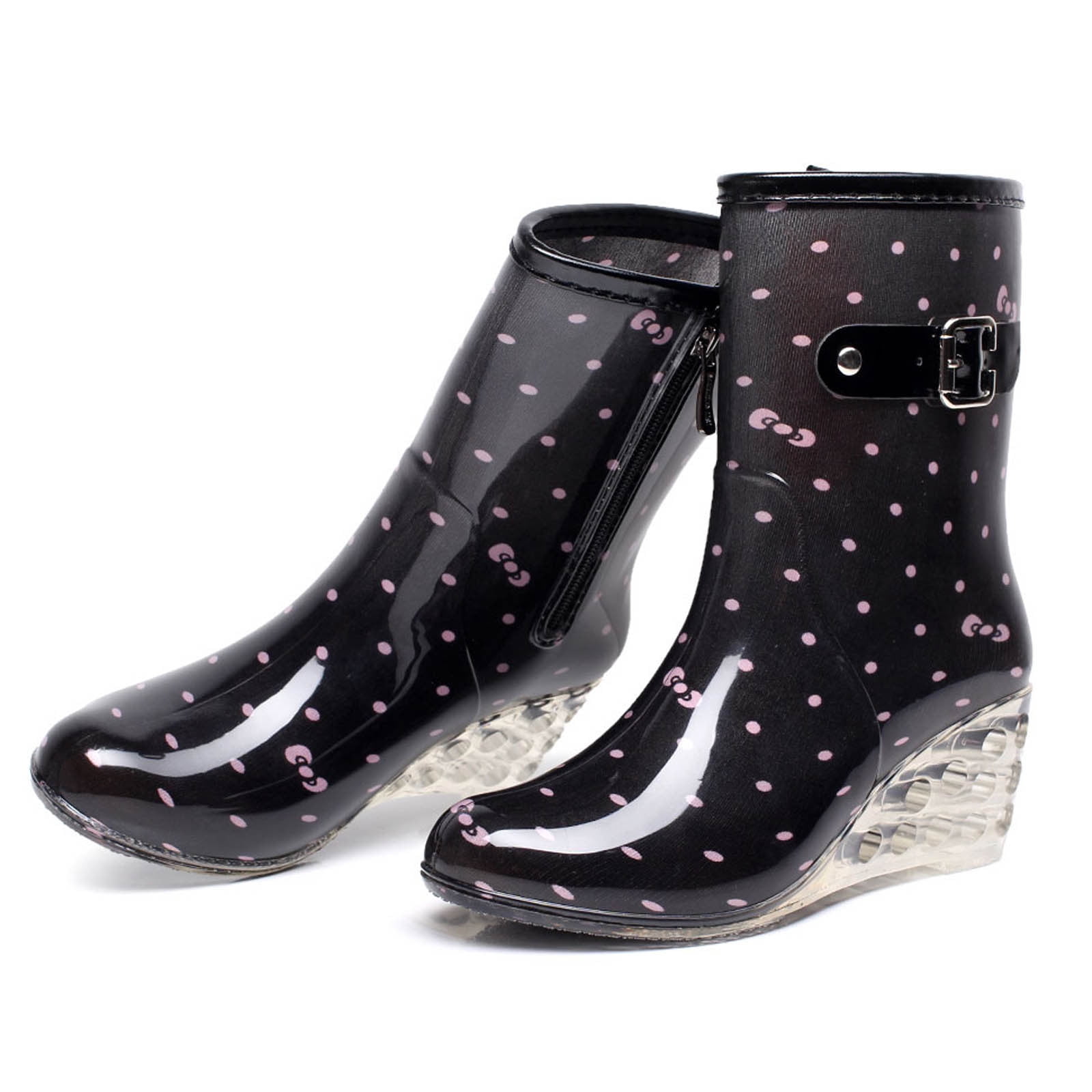 FRSASU Women's Mid Calf Rain Boots Waterproof Garden Shoes Buckle Side Zipper High-heeled Transparent Wedge Rain Shoes On