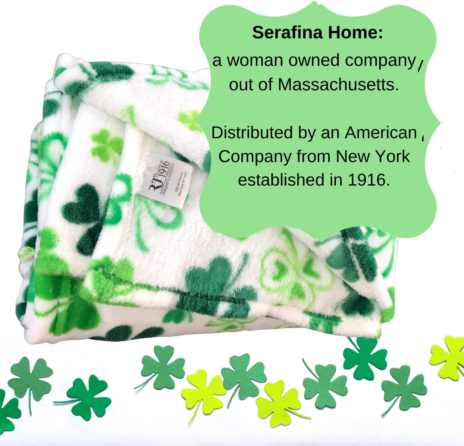 Serafina Home St. Patrick's Day Soft Throw Blanket: Greens of Ireland Four Leaf Clover Shamrock Design 50" x 70"