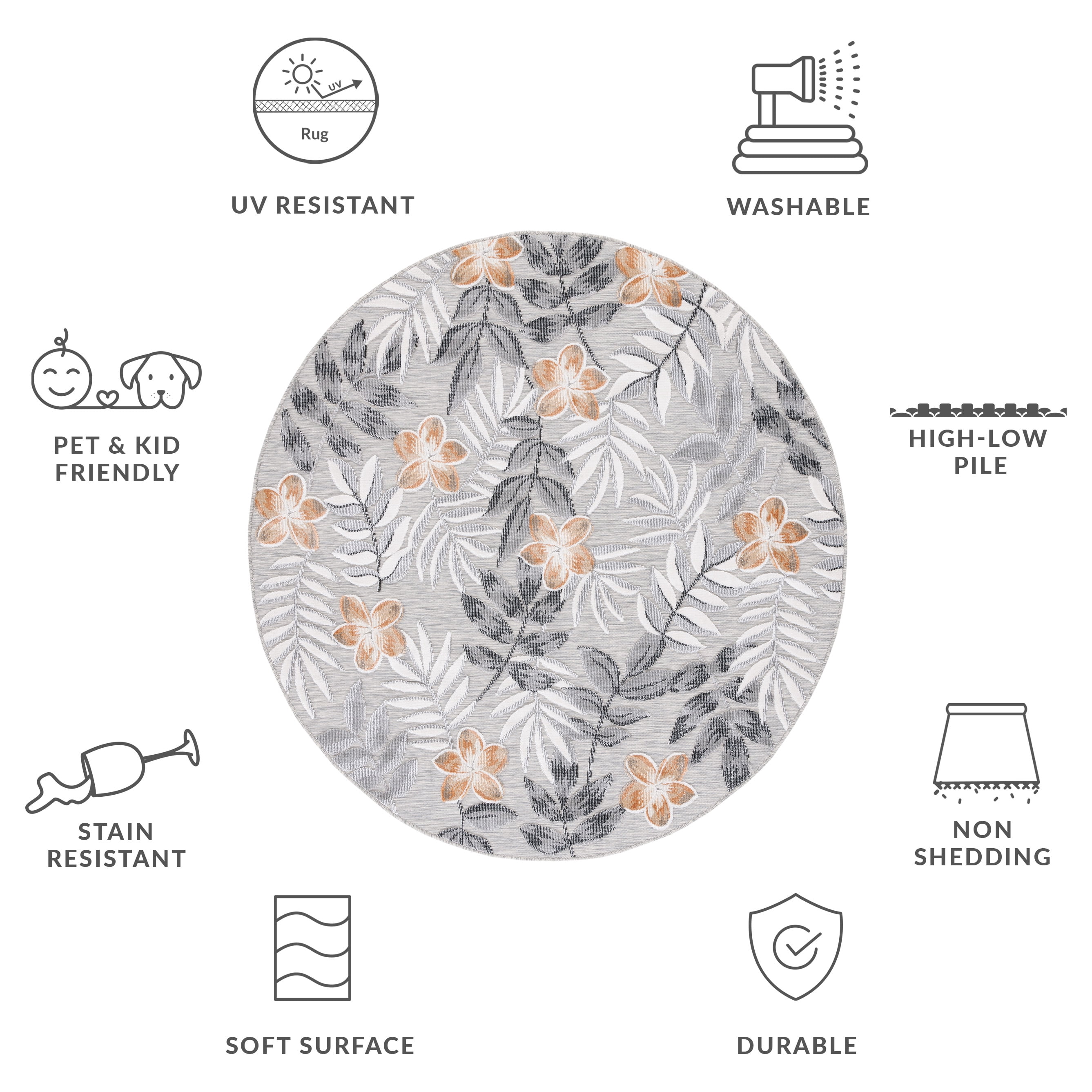SAFAVIEH Cabana Blazhe Botanical Indoor/Outdoor Area Rug, Grey/Ivory, 4' x 4' Round