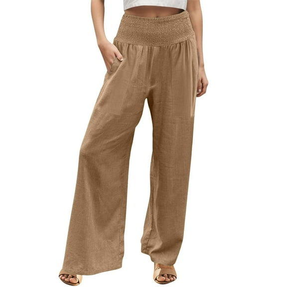 yunLCZ Pants for Women High Waisted Linen Pants Women Summer Wide Leg Pants Drawstring Elastic Waist Pants High Waisted Pants Casual Beach Trousers
