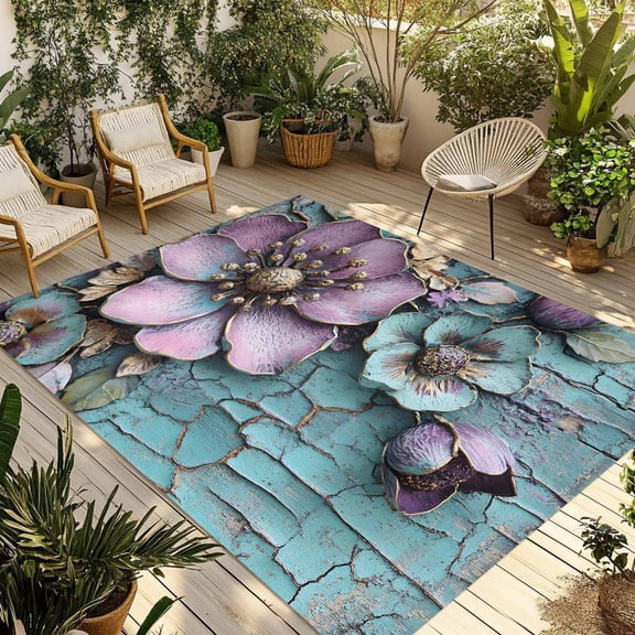Fsddascl Purple Flowers Outdoor Rug for Patio/Deck/Porch, Non-Slip Large Area Rug 4 x 6 Ft, Retro Floral Pastoral Mottled Walls Indoor Outdoor Rugs Washable Area Rugs, Reversible Camping Rug Carpet