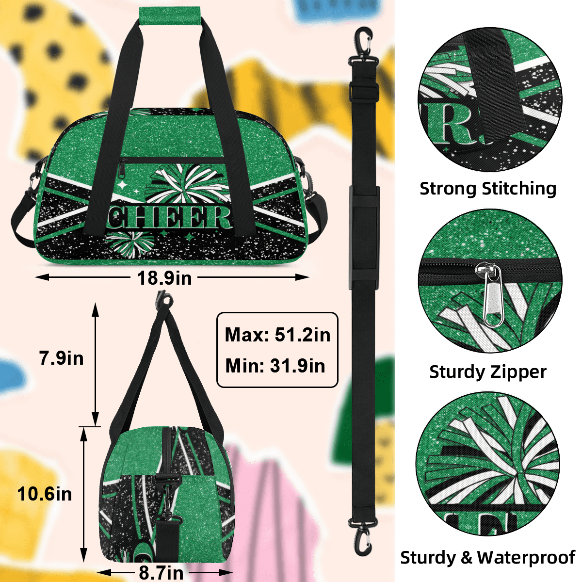 Herdesigns Cheer Bags Sport Duffle Bag Green Cheerleader Gym Bag Overnight Travel Bags Waterproof Weekender Bag Carry On Travel Tote Bag Dance Bags