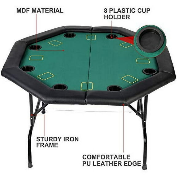 TRY & DO Folding Poker Table 8 Players Octagon Game Table with Leg & Plastic Cup Holders for Blackjack,Texas Poker Casino Game