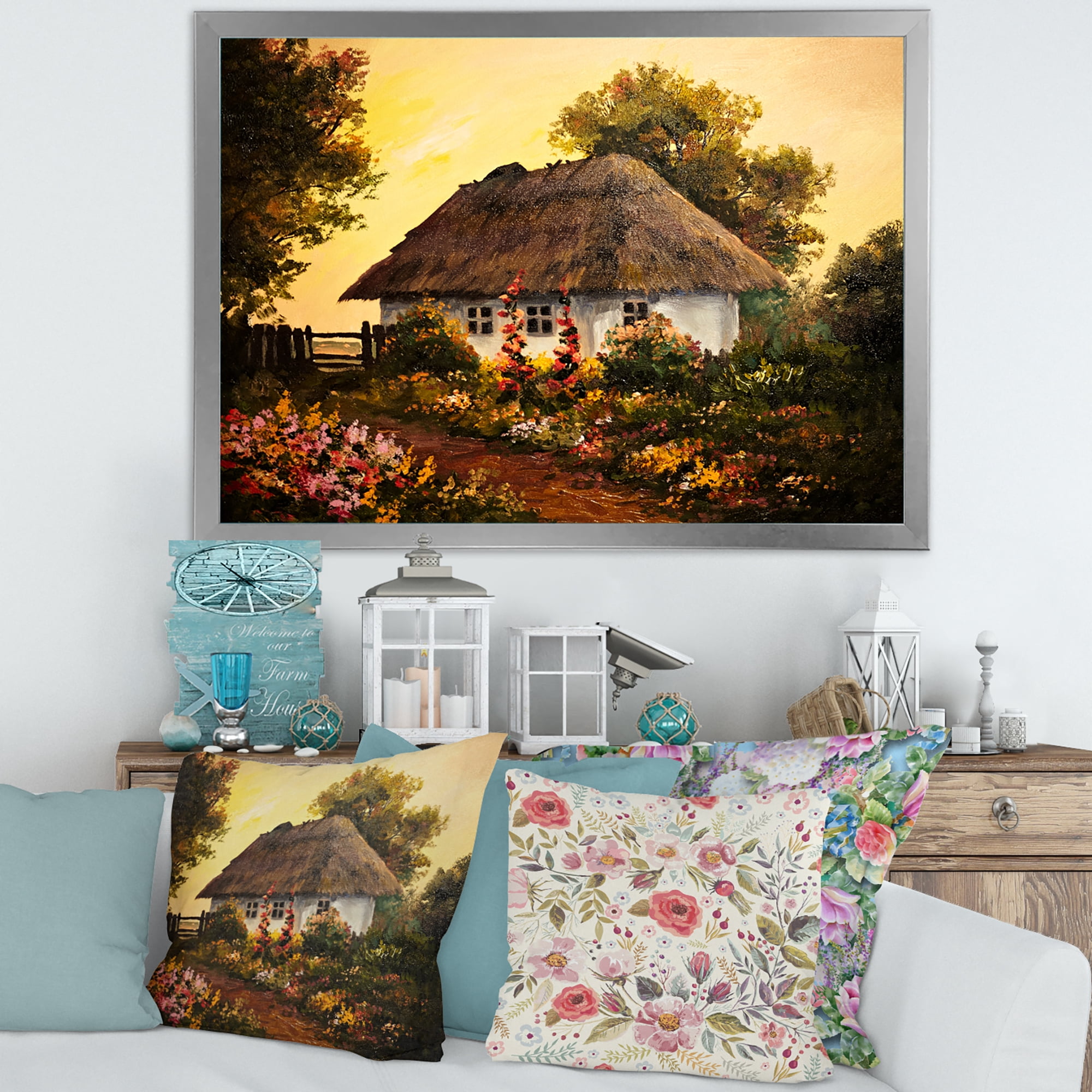 Designart 'Traditional Cottage At Sunset In Autumn Flowers' Traditional Framed Art Print
