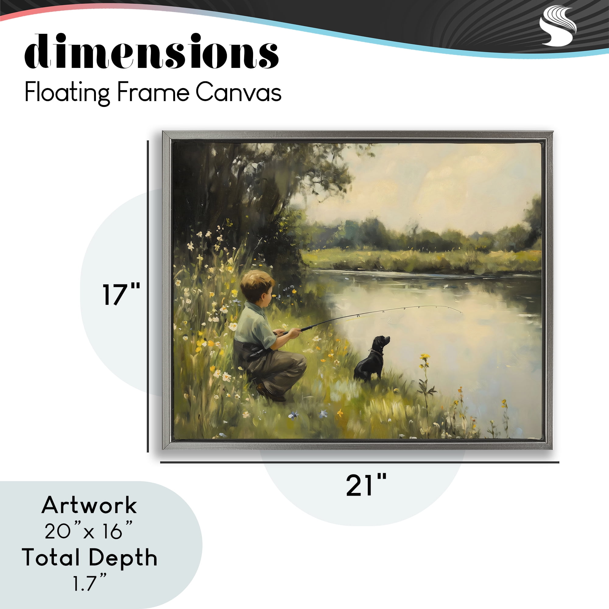 Boy & Puppy Fishing Gray Framed Floater Canvas Wall Art, design by Arlington Prints