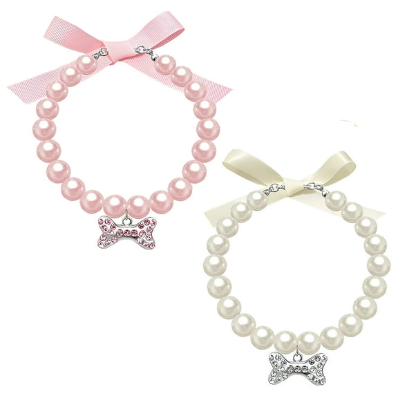 GASTROPOD 2Pcs Dog Cat Pearl Collar Necklace with Rhinestone Bone,Cat Collars ,Dog Necklace,Fancy Cat Wedding Collar Jewelry for Girl Cat Puppy Dogs Accessories (White Pink)