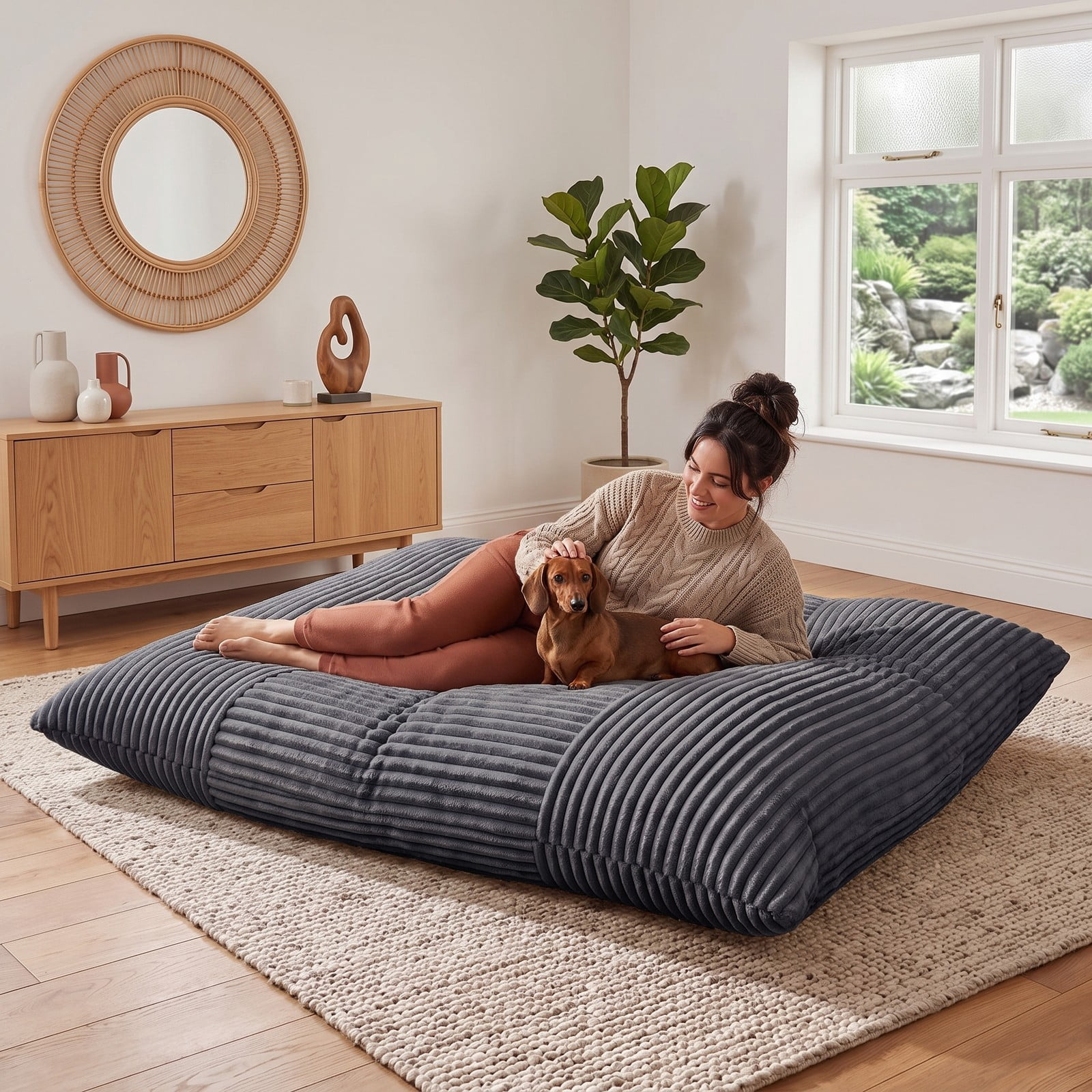 Furnibear Convertible Bean Bag Floor Sofa, Machine-Washable Corduroy Cover Shredded Foam Lounger Bean Bag Bed for Living Room Dorm Gaming Reading, Dark Gray