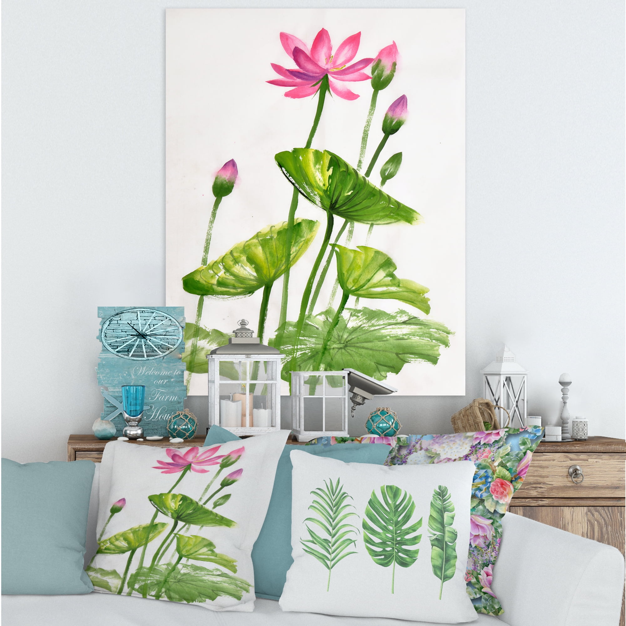 Designart ' Pink Vintage Lotuses In The Pond VII ' Traditional Canvas Wall Art Print