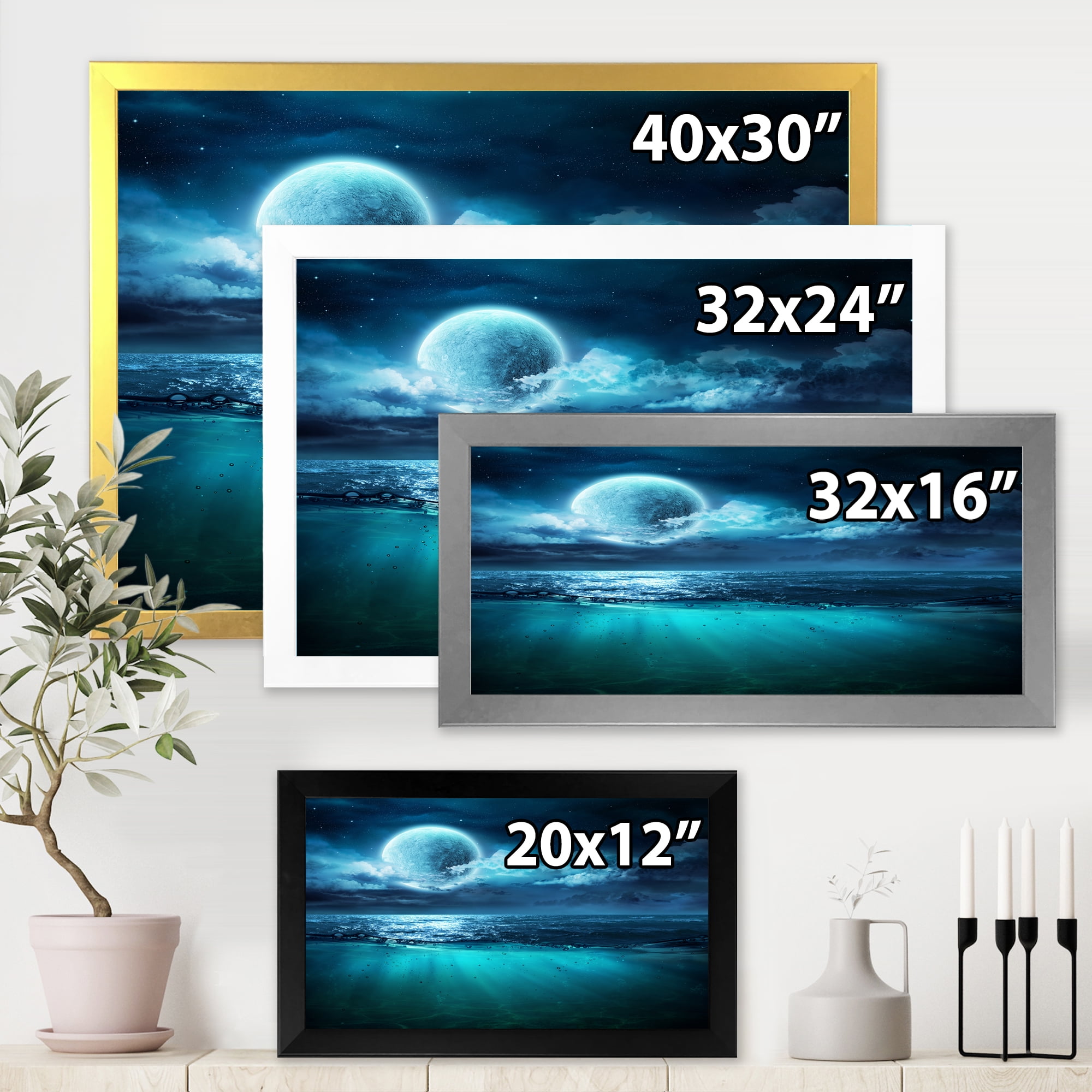 Designart 'Romantic Moon and Clouds Over Deep Blue Sea II' Nautical & Coastal Framed Art Print