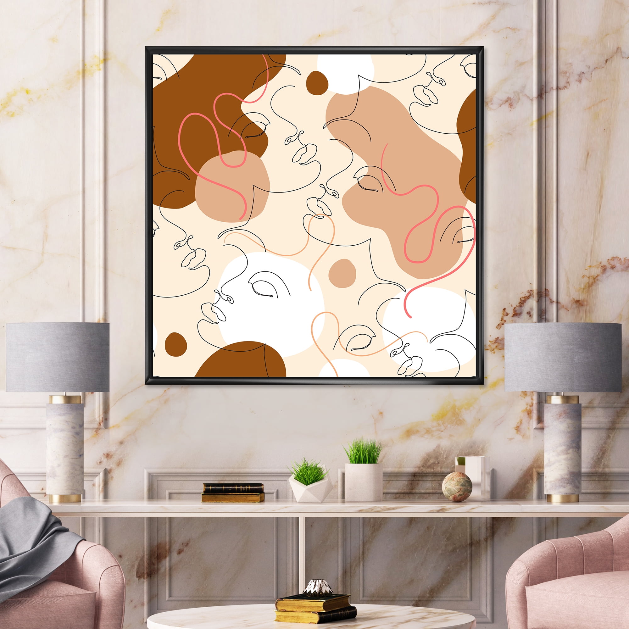 Designart 'One Line Drawing Of Beautiful Girl' Modern Framed Canvas Wall Art Print