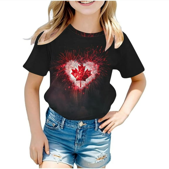 Jamicy Blouse for Toddler Girls Maple Leaf Print Shirts for Kids Short Sleeve Graphic T-Shirt Round Neck Crop Top for 3-14 Years Children
