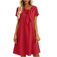 thumbnail image 2 of VBVC Women's Cotton Linen Tie Neck Midi Dress , Ladies' Casual Short Sleeve Shift Dress , Summer Solid Color Tunic Dress For Women, S-2XL, 2 of 8
