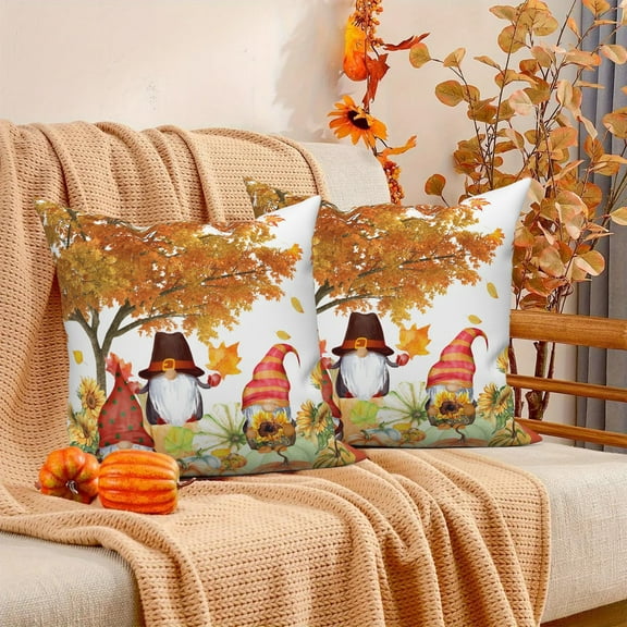 DaShan Fall Thanksgiving Throw Pillow Covers 20x20 Set of 2,Gnomes Pumpkins Linen Pillows Case for Bedroom Sofa Couch