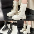 thumbnail image 2 of MUXiin Boots For Girls Fall Shoes Gold Lace Up Riding Boots Mid Calf Combat Boots Cute Boot Pu Leather Waterproof Fashion Goth Cowboy Goth Side White,1.5 Big Kids, 2 of 7