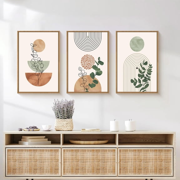 HPNIUB Boho Botanical Wall Art Abstract Bohemian Framed Geometric Neutral Green Plant Set of 3 For Living Room Bedroom Office 16x24 Inch