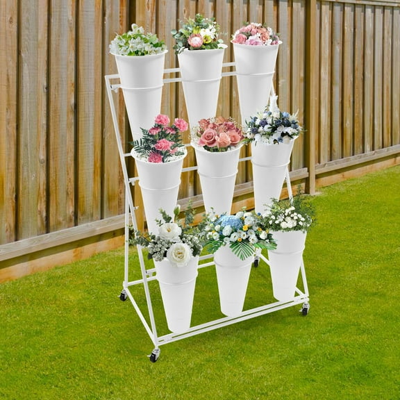 Flower Display Stand with 9PCS White Round Buckets 3 Layers with Wheels Moving Plant Cart, Flower Bucket Stand for Indoor & Outdoor Patio Garden ,Living Room ,Florist（White Stand）
