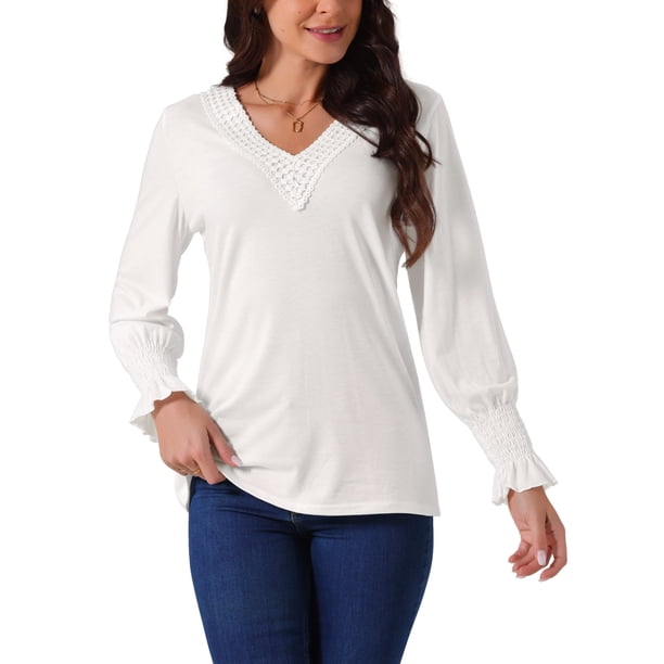INSPIRE CHIC Blusas de manga larga con cuello en V y puños fruncidos para mujeres, estilo casual para otoño e invierno
