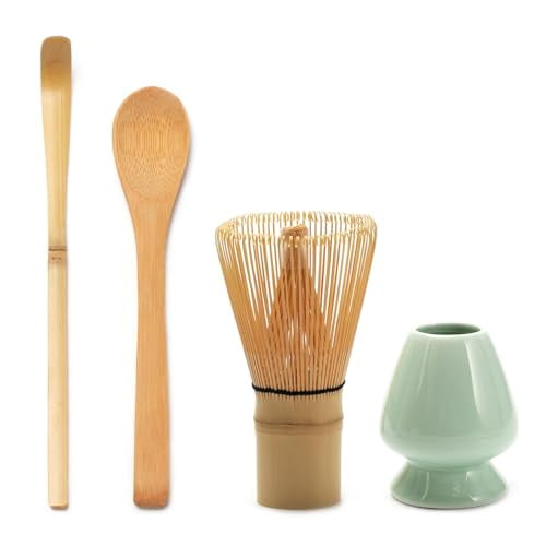 Matcha Whisk Set 4PCS,Bamboo Matcha Tea Set with Scoop & Whisk Holder,Handmade Matcha Whisk (Chasen) for Traditional Japanese Tea Ceremony and Daily Matcha Brewing
