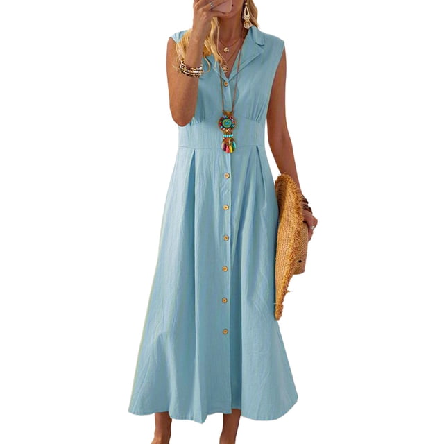 WIFORNT Robe Longue pour Femmes, Sans Manches à Col Rabattu Boutonnée, Décontractée, de Fête, d'Été, Ligne A, pour Tous les Jours