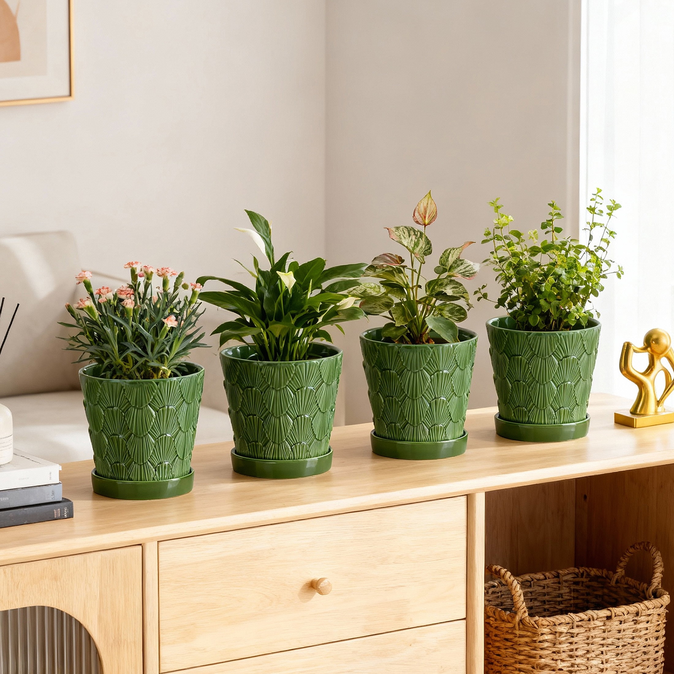 BUYMAX 5 inch Green Ceramic Flower Pots with Scallop Shell Pattern, Set of 4 - Decorative Planters with Drainage Holes & Trays - Perfect for Spring Herbs, Succulents, Windowsill & Balcony