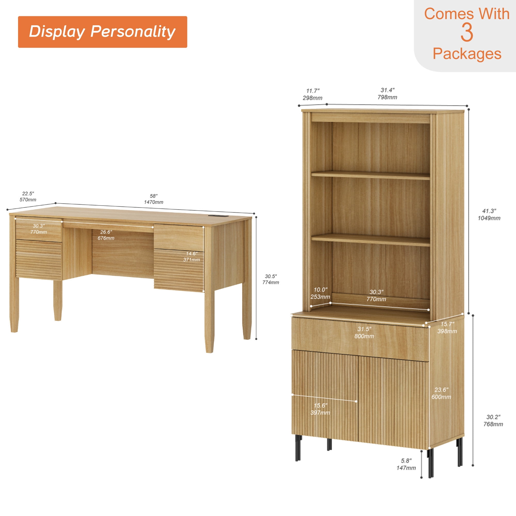 WAMPAT 2 Piece Home Office Furniture Set, 58" Desk with 71.5" Bookcase, Bookcase with 1 Drawer & 2 Doors, Adjustable Shelves, Modern Fluted Wood Office Furniture for Home Office, Study Room, Bedroom