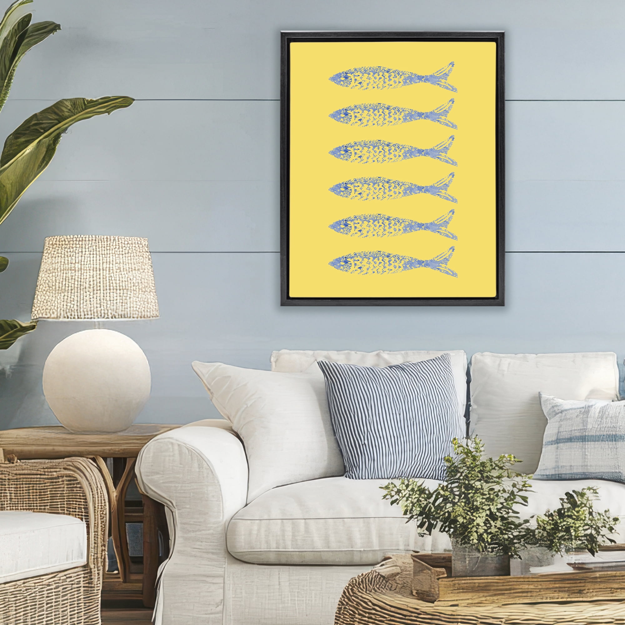 Stupell Industries Sardine Stamps on Yellow Black Framed Floater Canvas Wall Art, design by Julie DeRice
