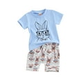 thumbnail image 1 of EYIIYE Ensemble de Pâques 2 Pcs pour Tout-Petit Garçon 0-3 Ans Bébé Bunny T-Shirt Imprimé Manches Courtes T-Shirt Col Rond Hauts avec Taille Élastique Shorts à Rayures Nouveau-Né Mignon Dessin Animé Décontracté Vêtements d'Été, 1 of 9
