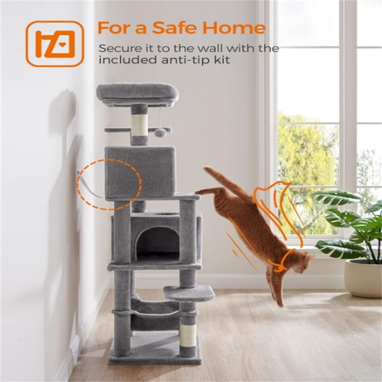 Cat Tree, 59.5-Inch Tall Cat Tower, Plush Multi-Level Condo with 5 Scratching Posts, 2 Perches, 2 Caves, Hammock, 2 Pompoms, Light Gray