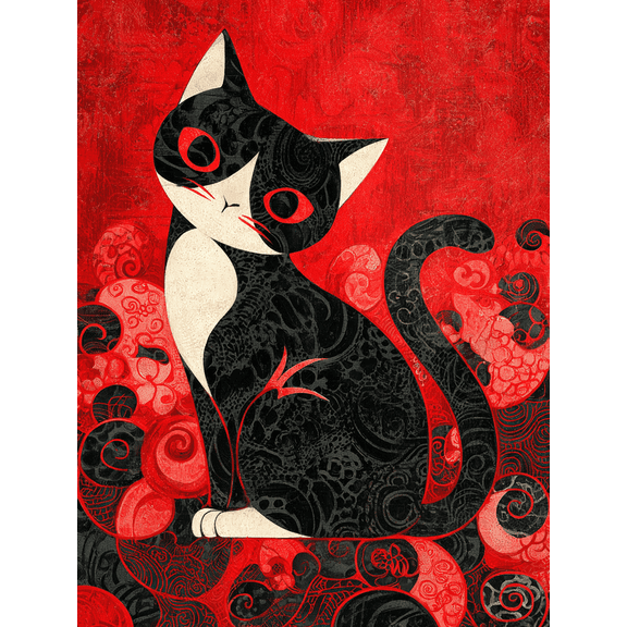 Stylized Black Cat Canvas Wall Art Print, Living Room Bedroom Dorm Entryway Decor
