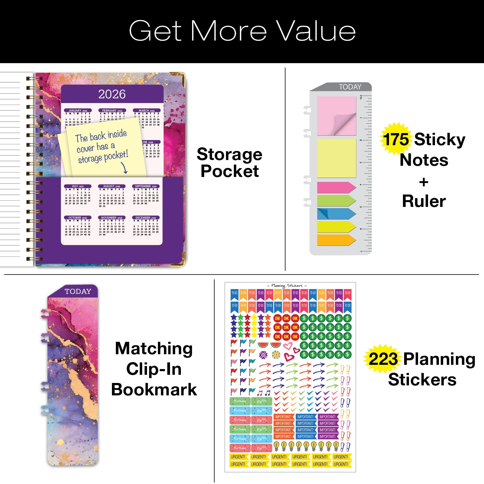 Academic Year 2025-2026 Planner, June 2025 - July 2026, 8.5"x11" Daily Weekly Monthly Planner Yearly Agenda, Hardcover, Bookmark, Pocket Folder and Sticky Note Set (Rainbow Gold Marble)