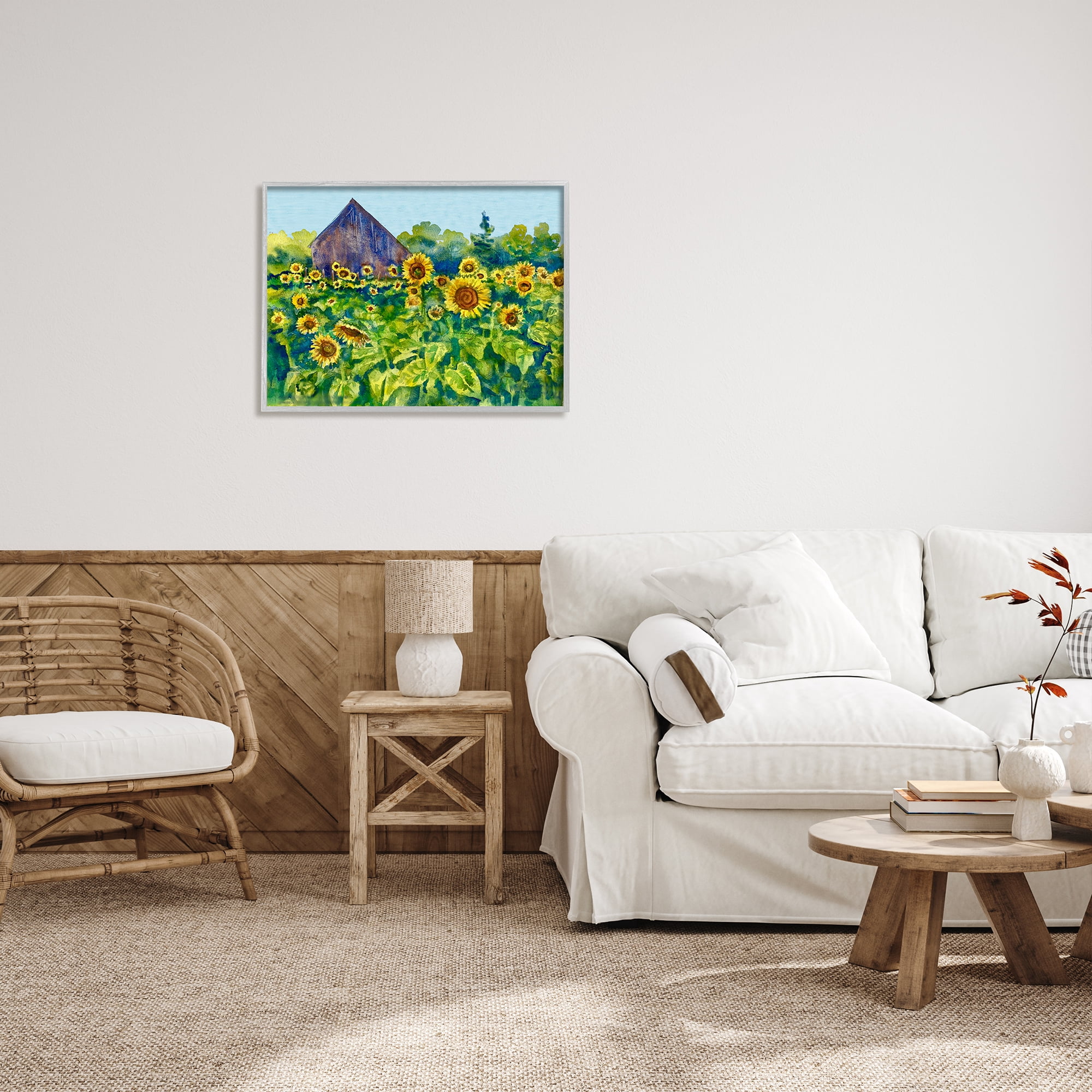 Stupell Industries Sunflower Field Painting Nature Painting Gray Framed Art Print Wall Art, 30 x 24