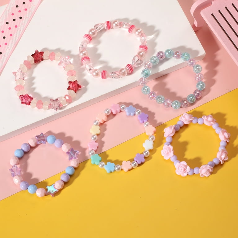 6PCS Beads Teen Jewelry Set Girl Dress Up Rings Girls Beaded Bracelets