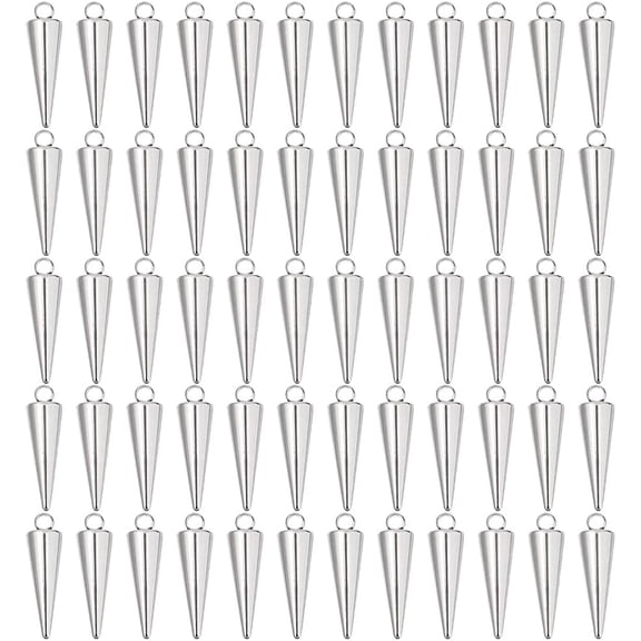 60Pcs Charms Bulk Stainless Steel Cone Charm Hiphop Punk Charms Cone Bead Charm Long Pendant for Necklace Bracelet Jewelry Making DIY Craft Silver