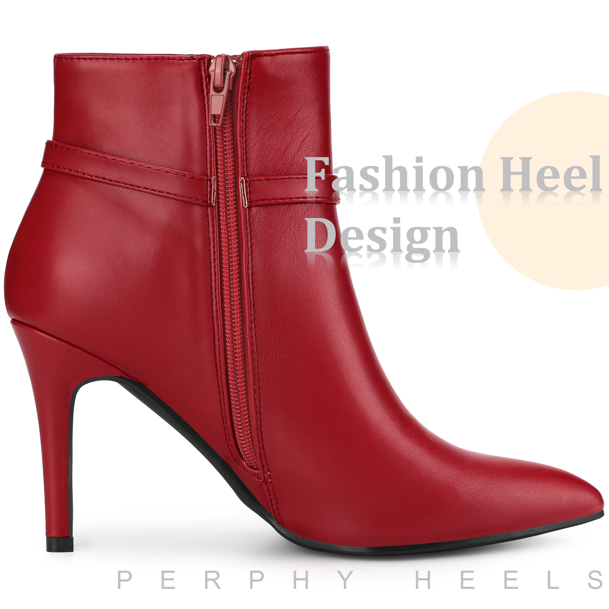 DARING DIVA Women's Pointed Toe Buckle Strap Stiletto Heel Ankle Boots Red US 9