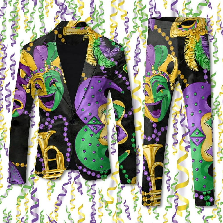 Ploknplq Mardi Gras Outfit Mardi Gras Blazer for Men s Carnival s Day Printed Casual Jacket and Pants Holiday Party Wear Mardi Gras Beige M